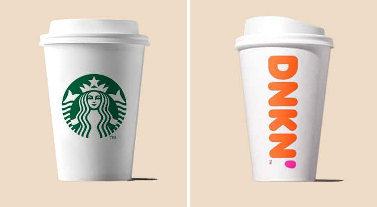 A graphic of Starbucks and Dunkin Donuts coffee cups.