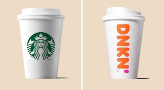 A graphic of Starbucks and Dunkin Donuts coffee cups.