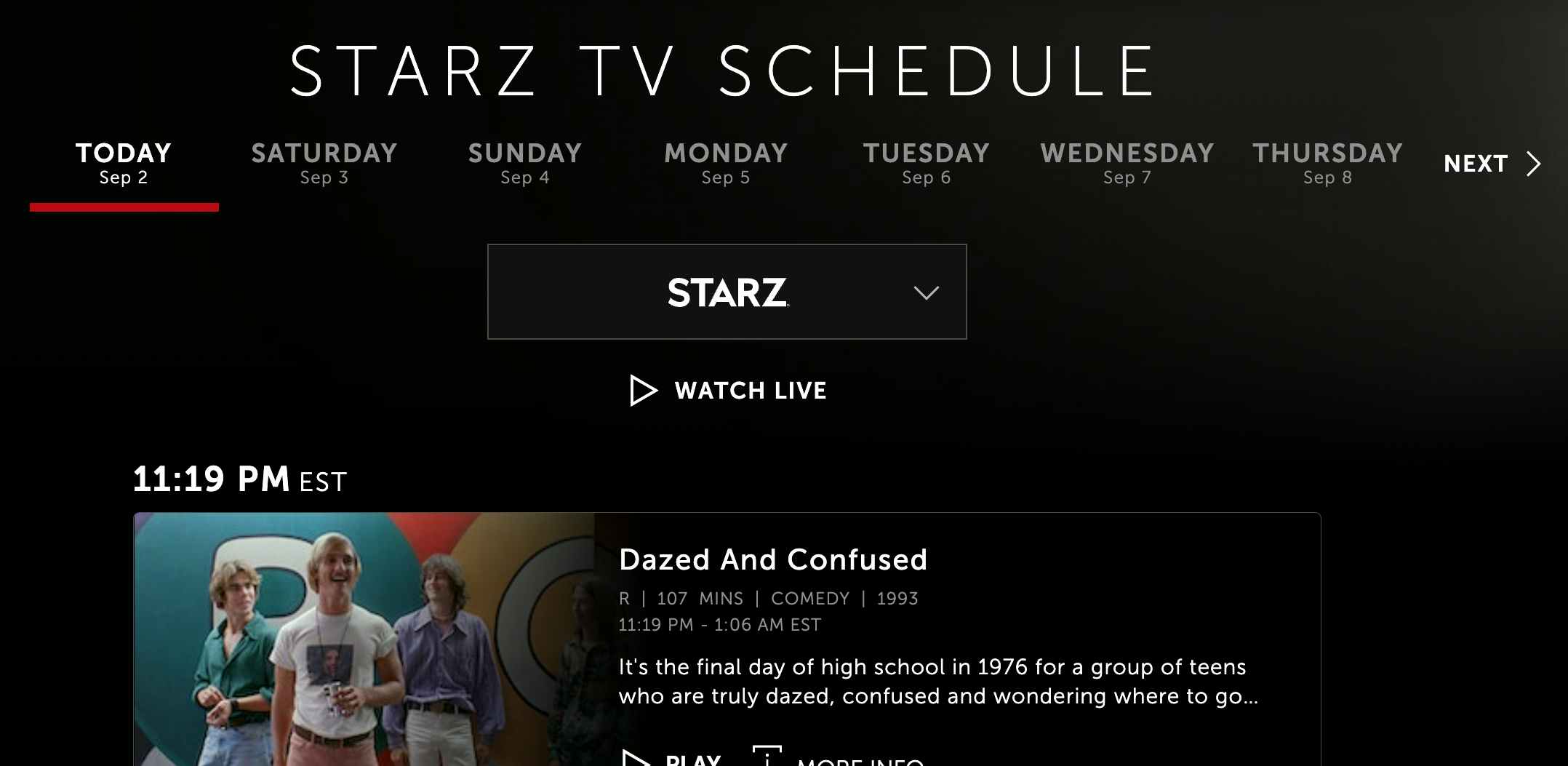 starz live schedule tv with dazed and confused movie