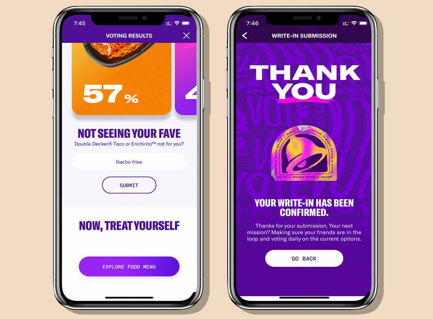 taco bell app screenshots for voting and confirmation