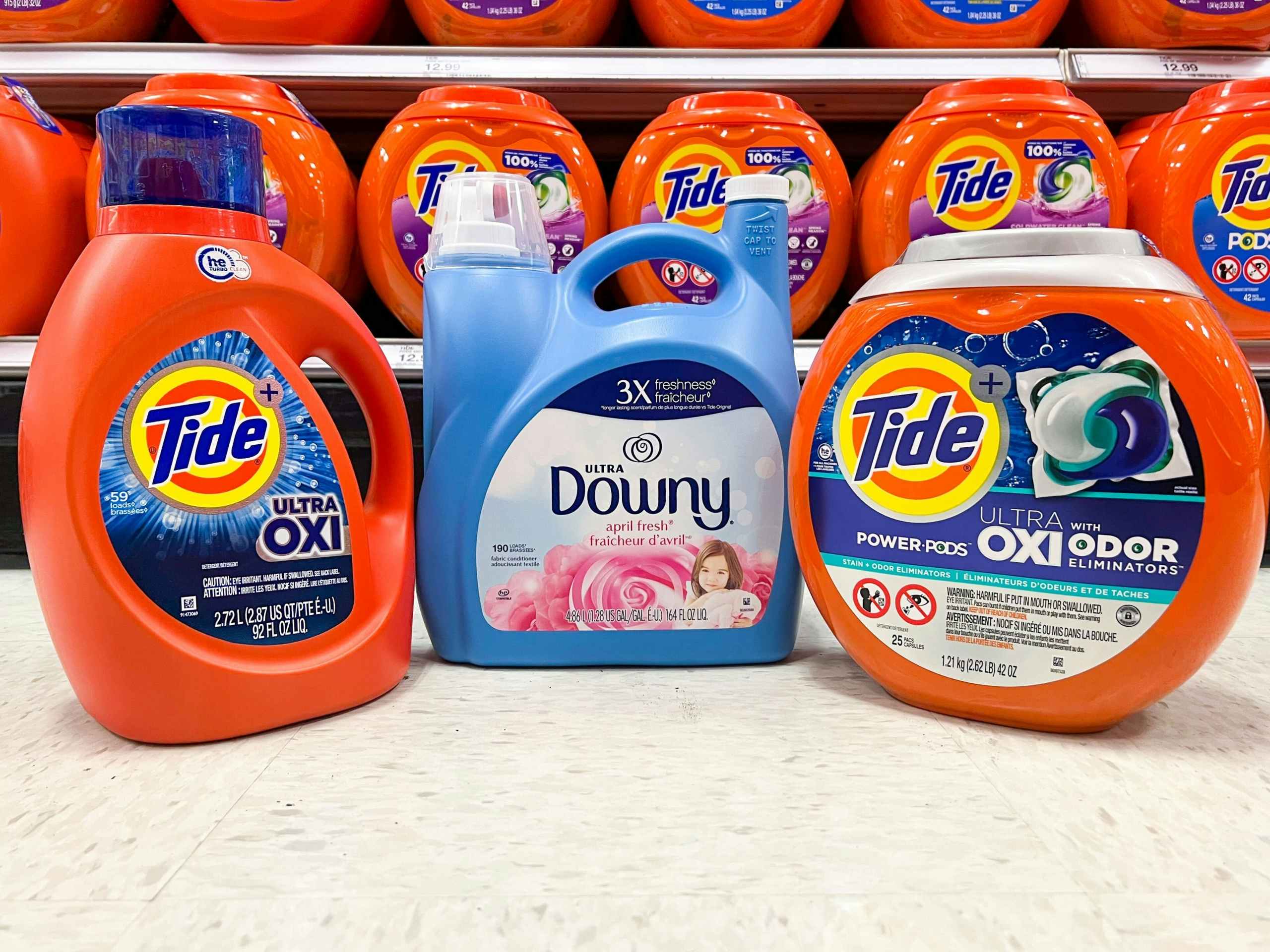 tide and downy in front of a target shelf