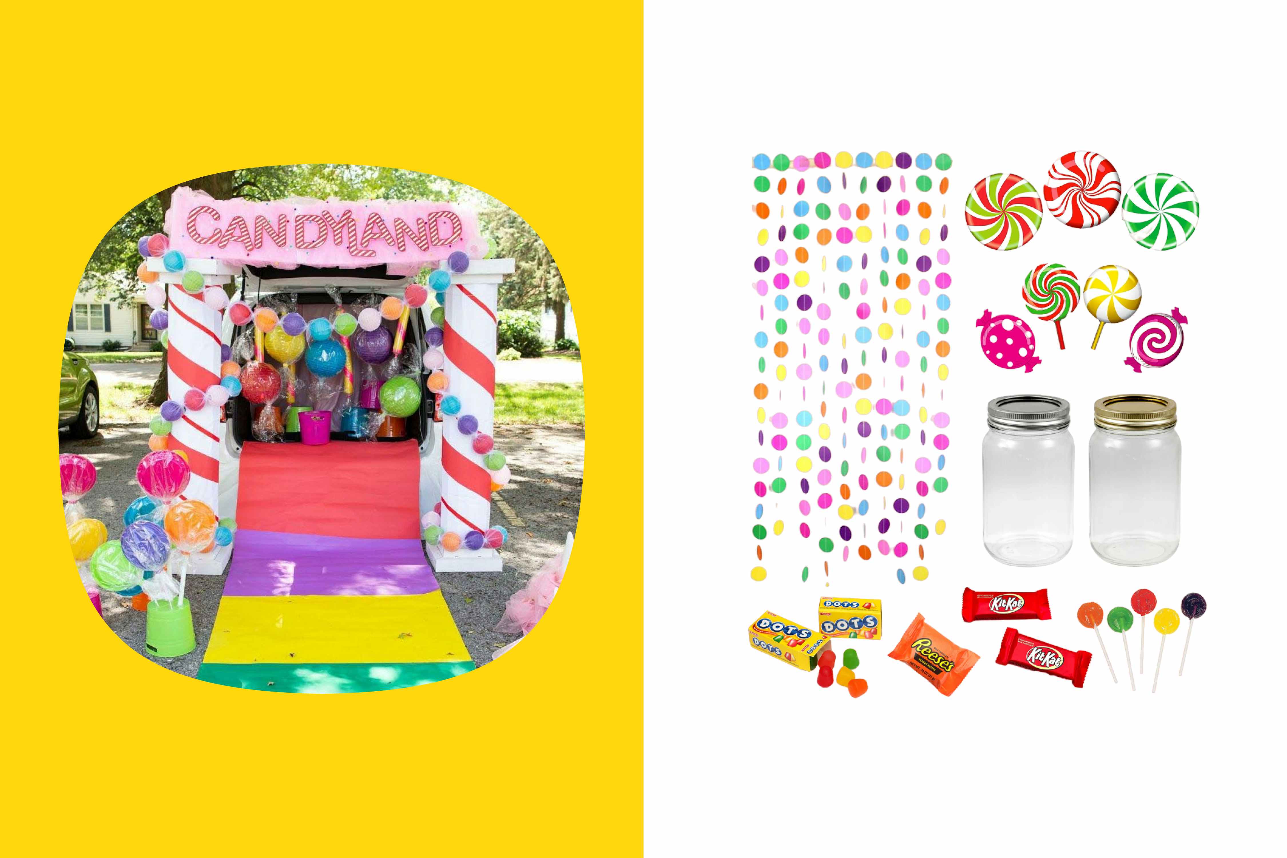 an example of candyland themed trunk or treat decor and supplies