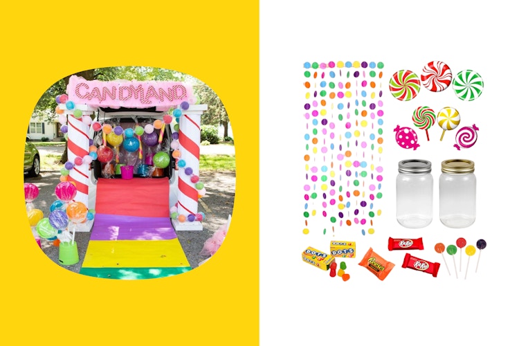 an example of candyland themed trunk or treat decor and supplies
