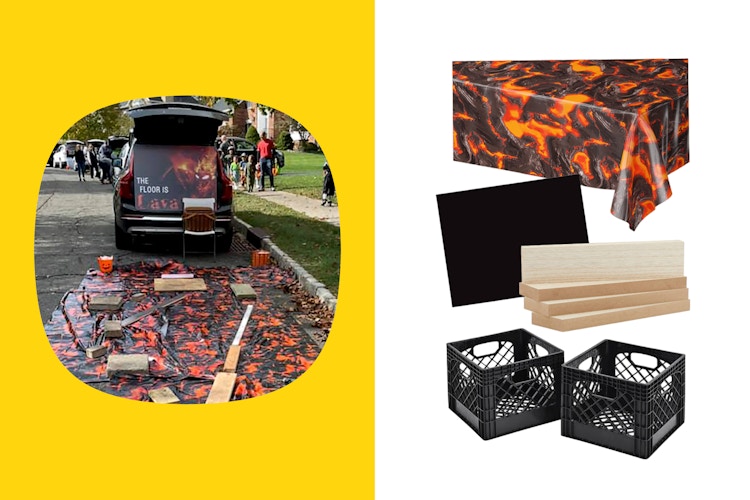 a trunk or treat idea with an Floor is Lava theme and supplies