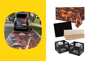 a trunk or treat idea with an Floor is Lava theme and supplies