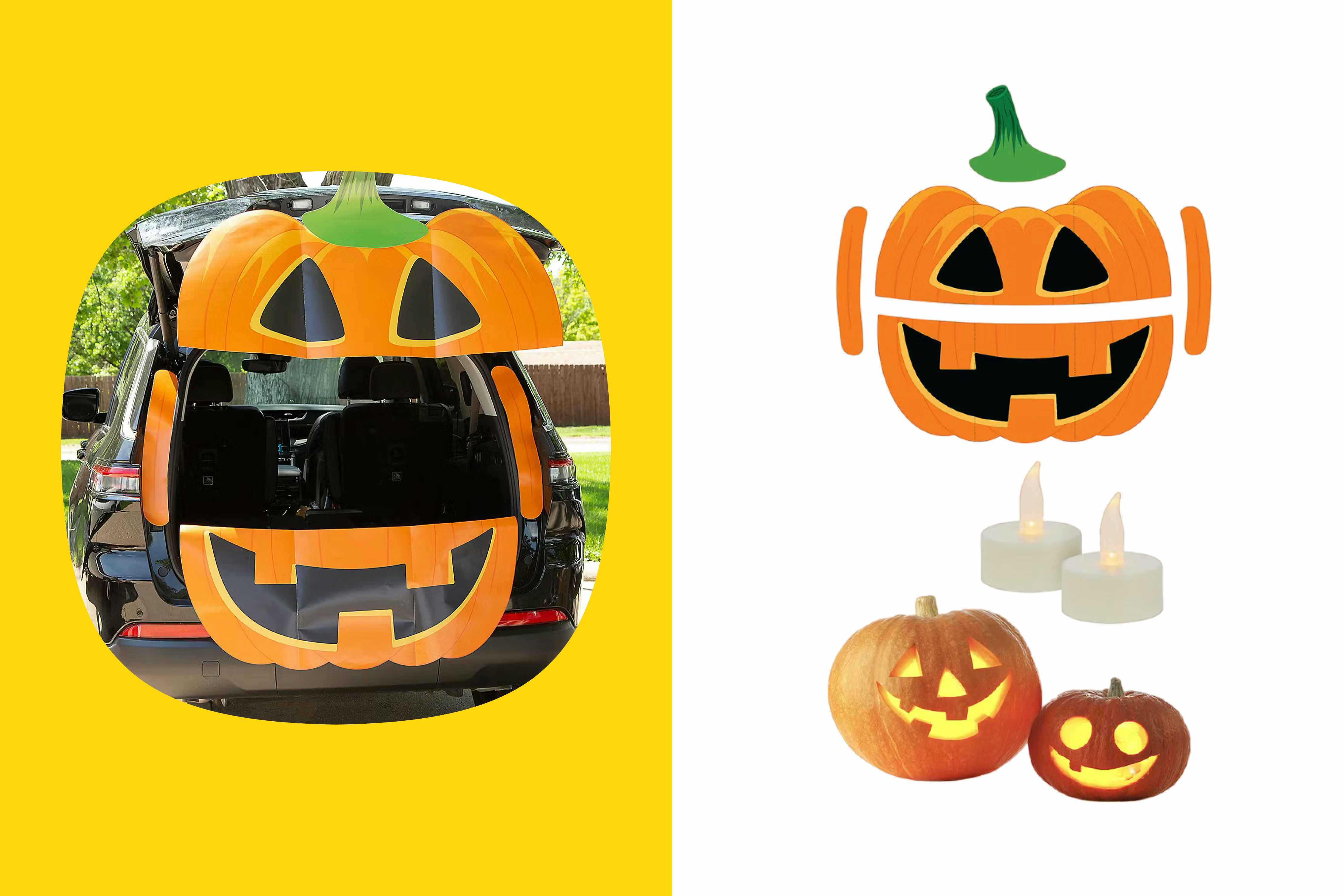 a trunk or treat idea with an jack-o-lantern theme and supplies