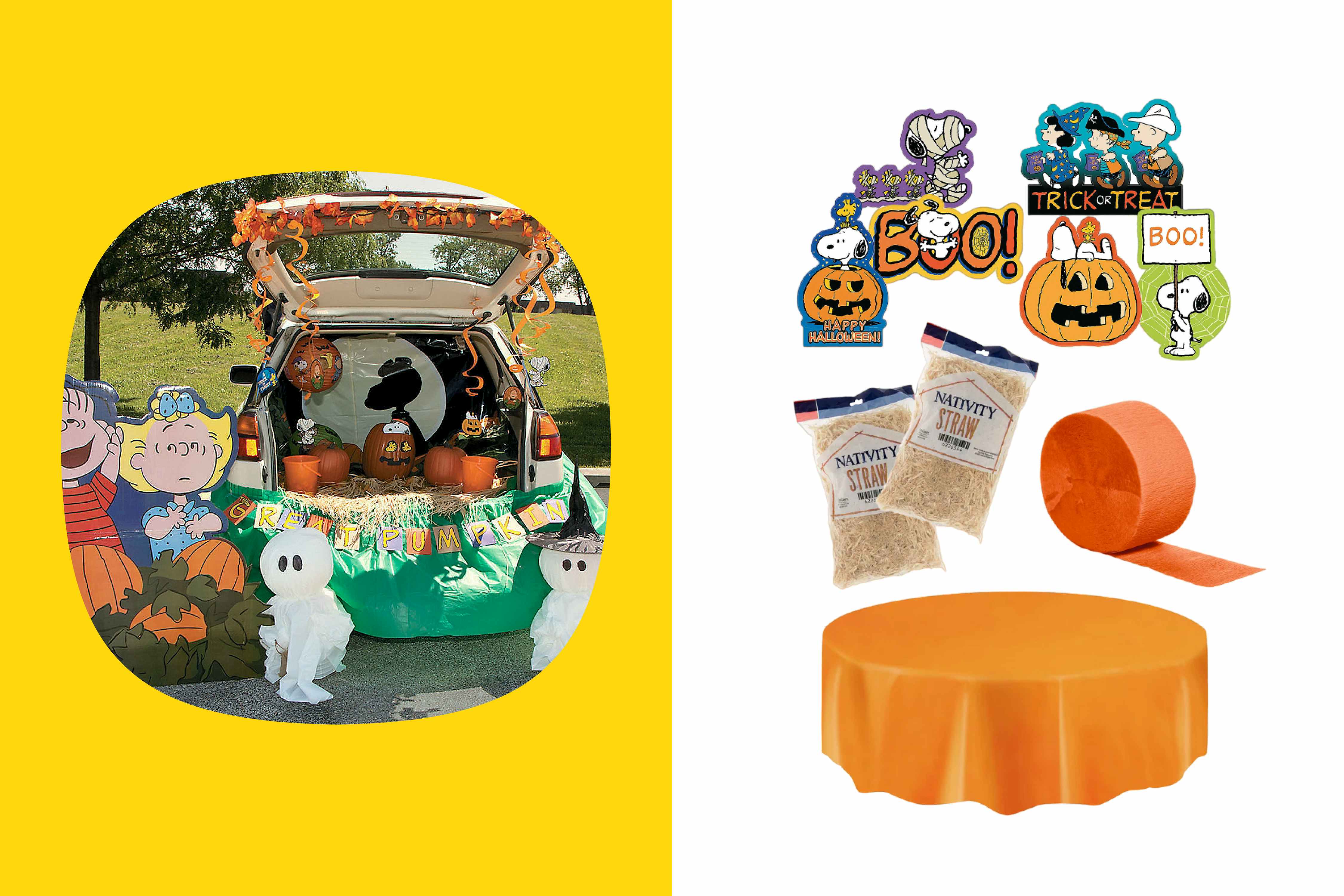 a trunk or treat idea with an Peanuts theme and supplies