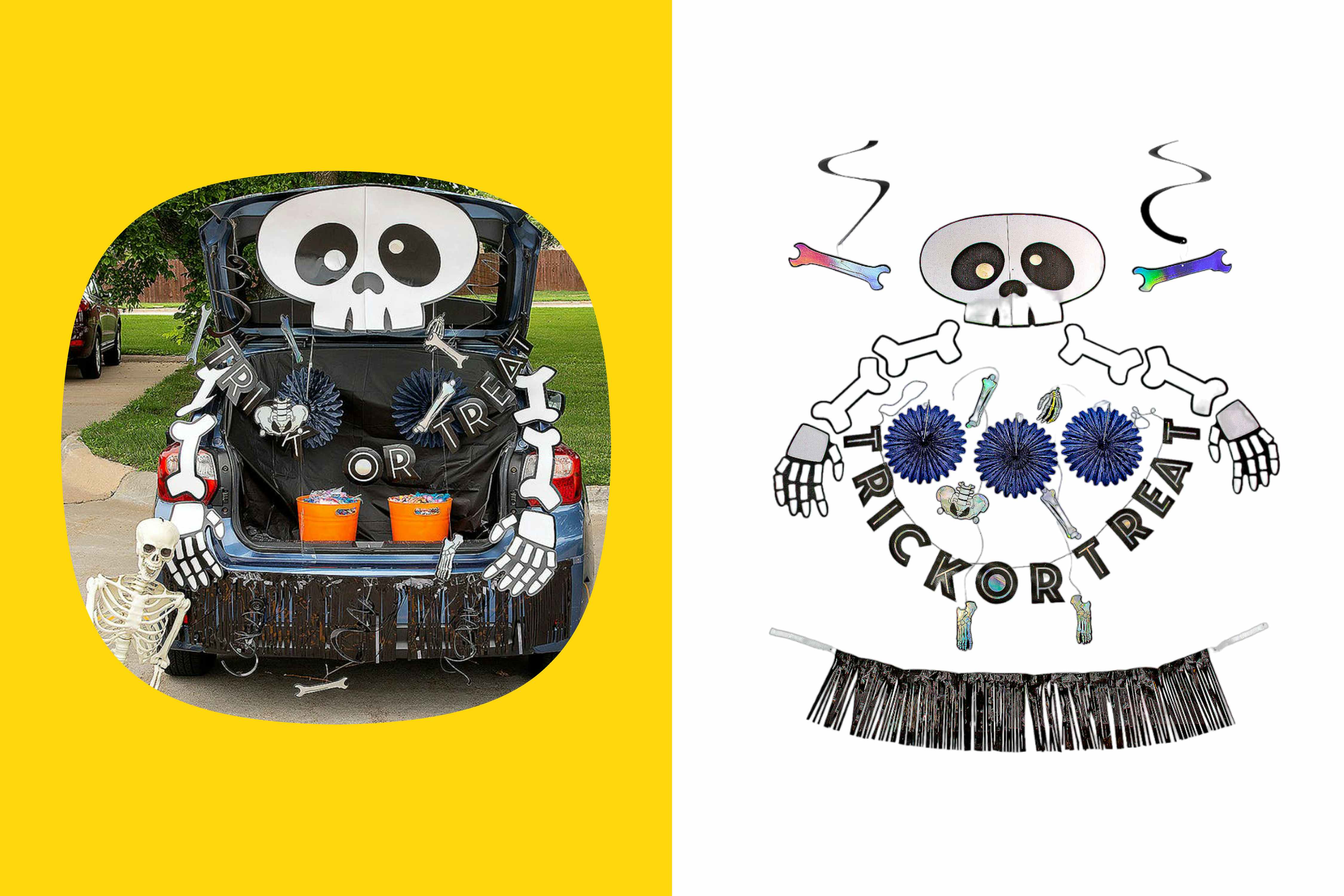 a trunk or treat idea with an skeleton theme and supplies