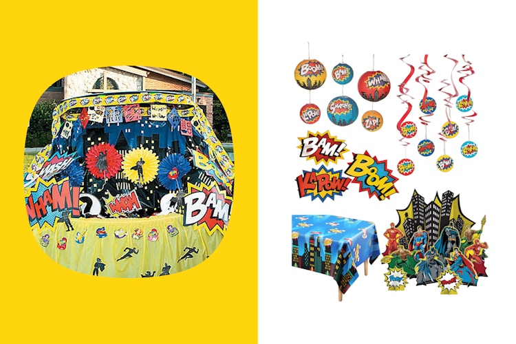 a trunk or treat idea with an Superhero theme and supplies