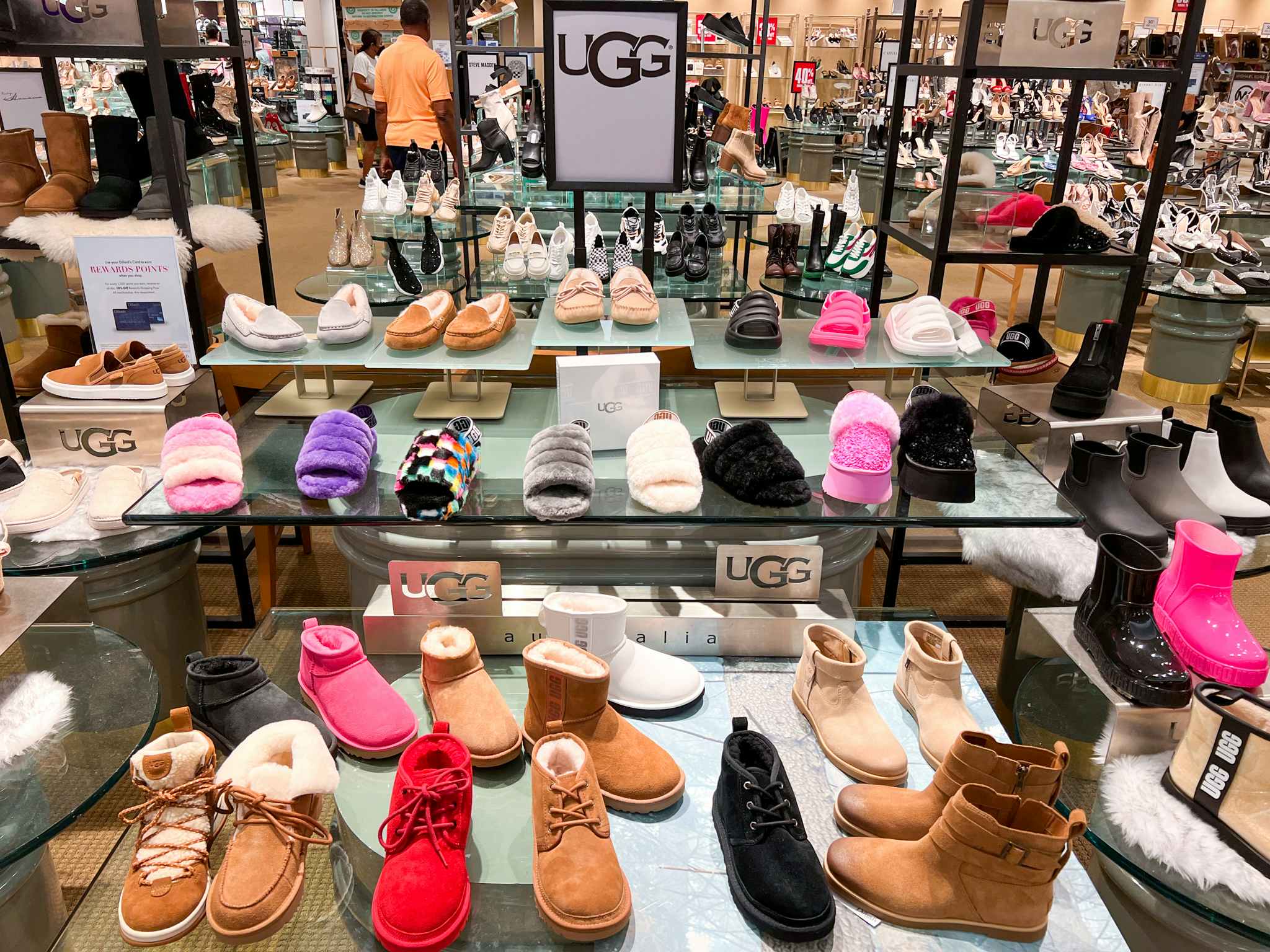 An area shot of Ugg brand shoes, slippers, sandals, and boots