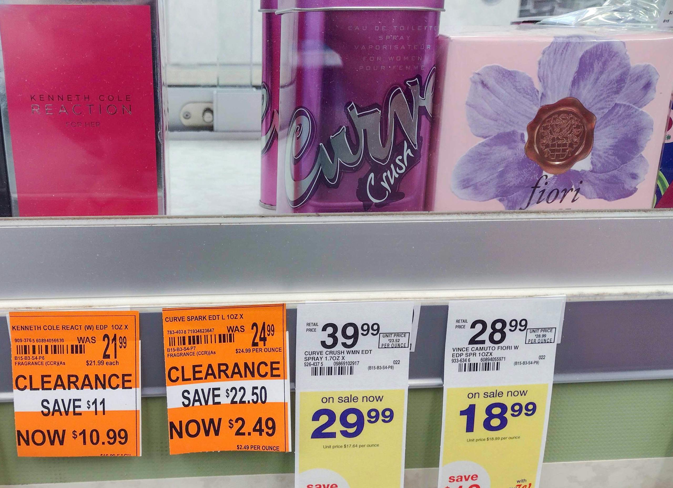 shelf featuring clearance tag for Curves spark perfume