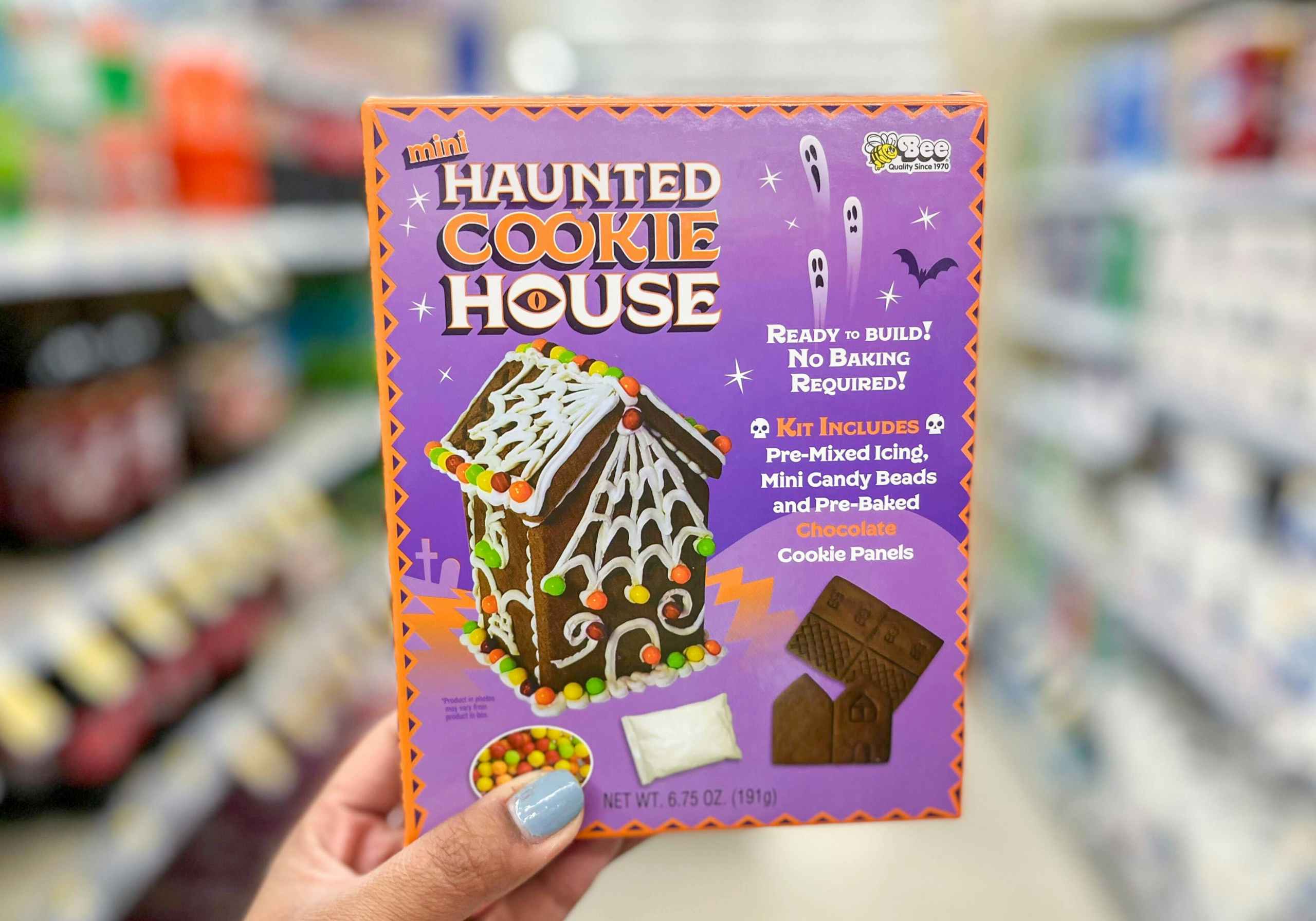 hand holding mini haunted cookie house in aisle