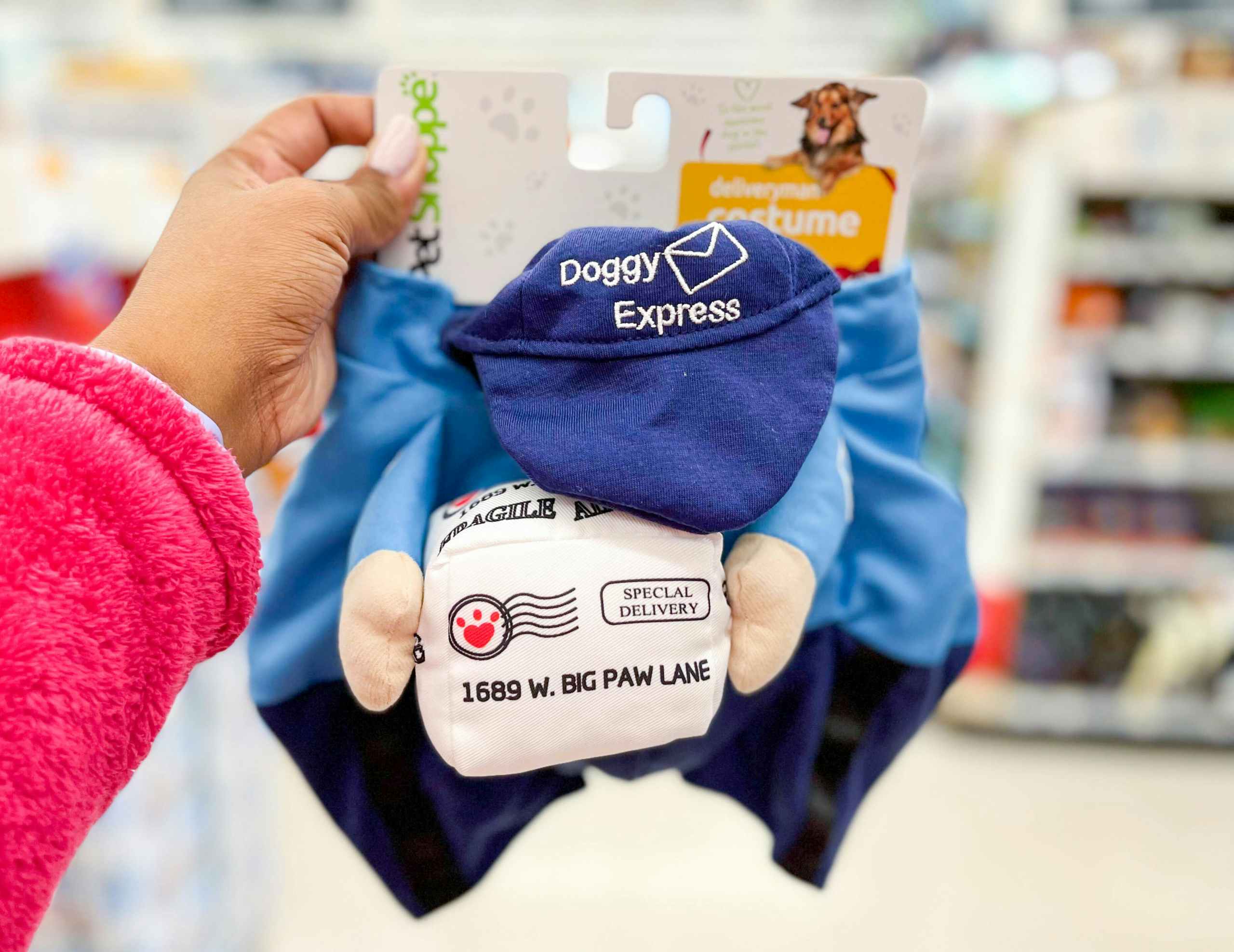 hand holding Petshoppe deliveryman costume in aisle