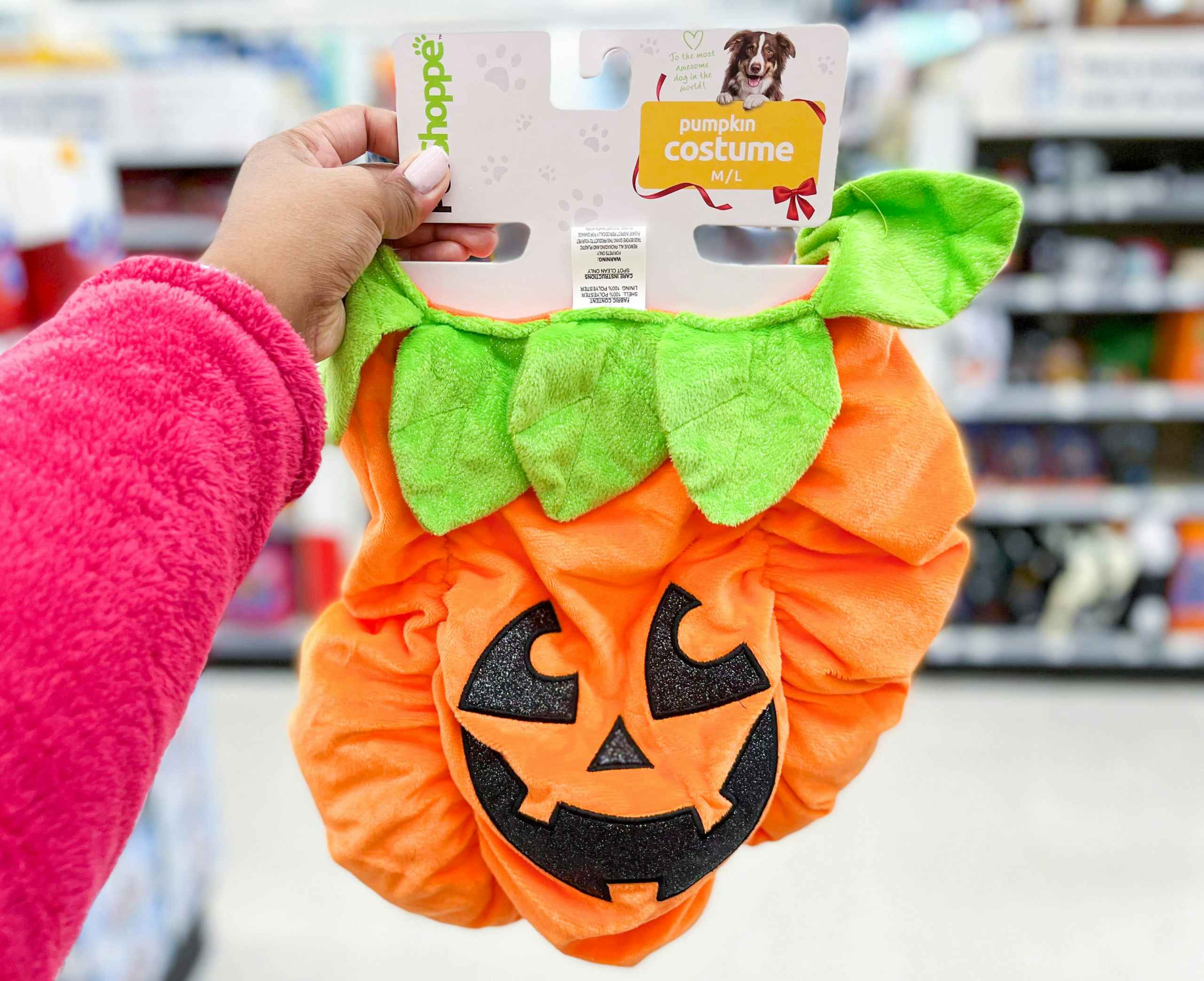hand holding Petshoppe pumpkin costume in aisle