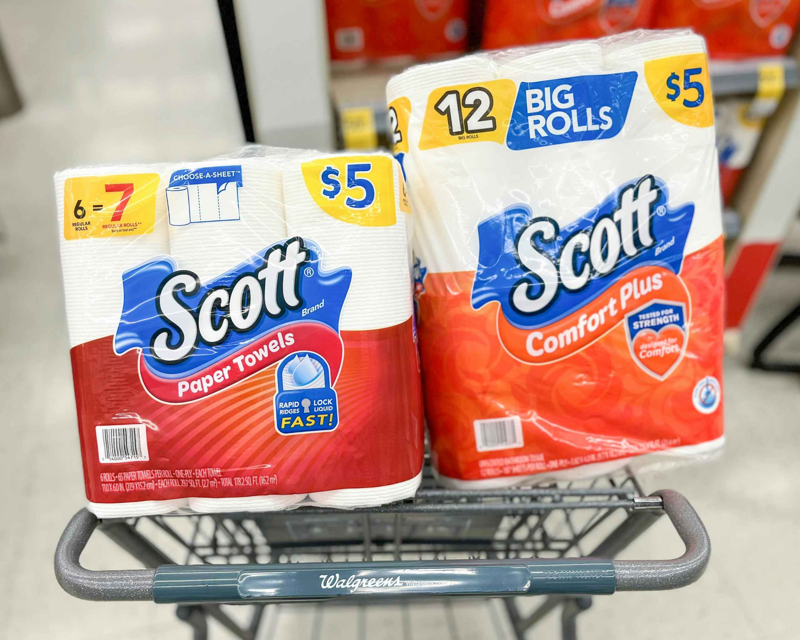 shopping cart with one pack of Scott Paper Towels and Toilet Paper