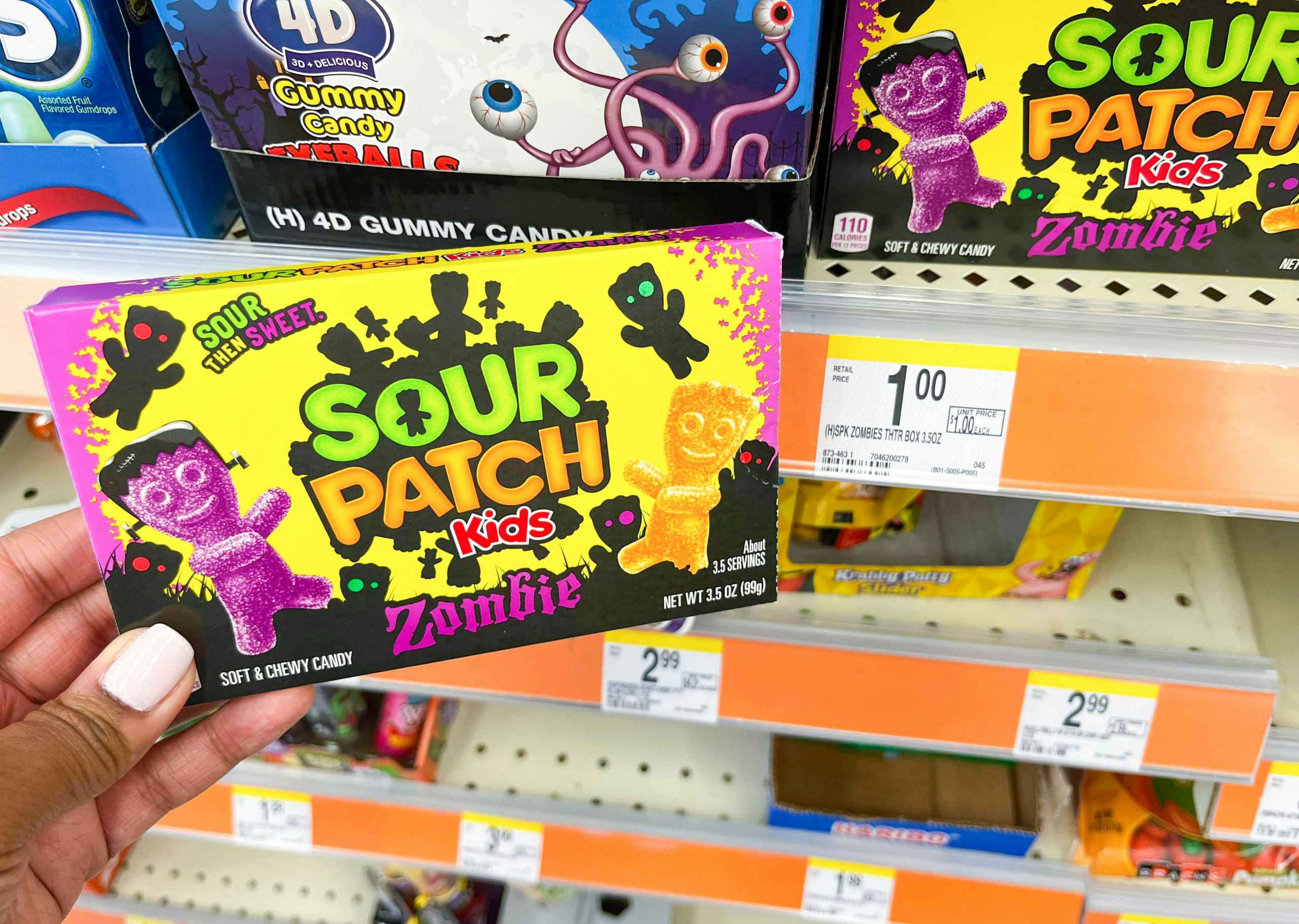 box of Sour Patch Kids Zombies in front of price tag