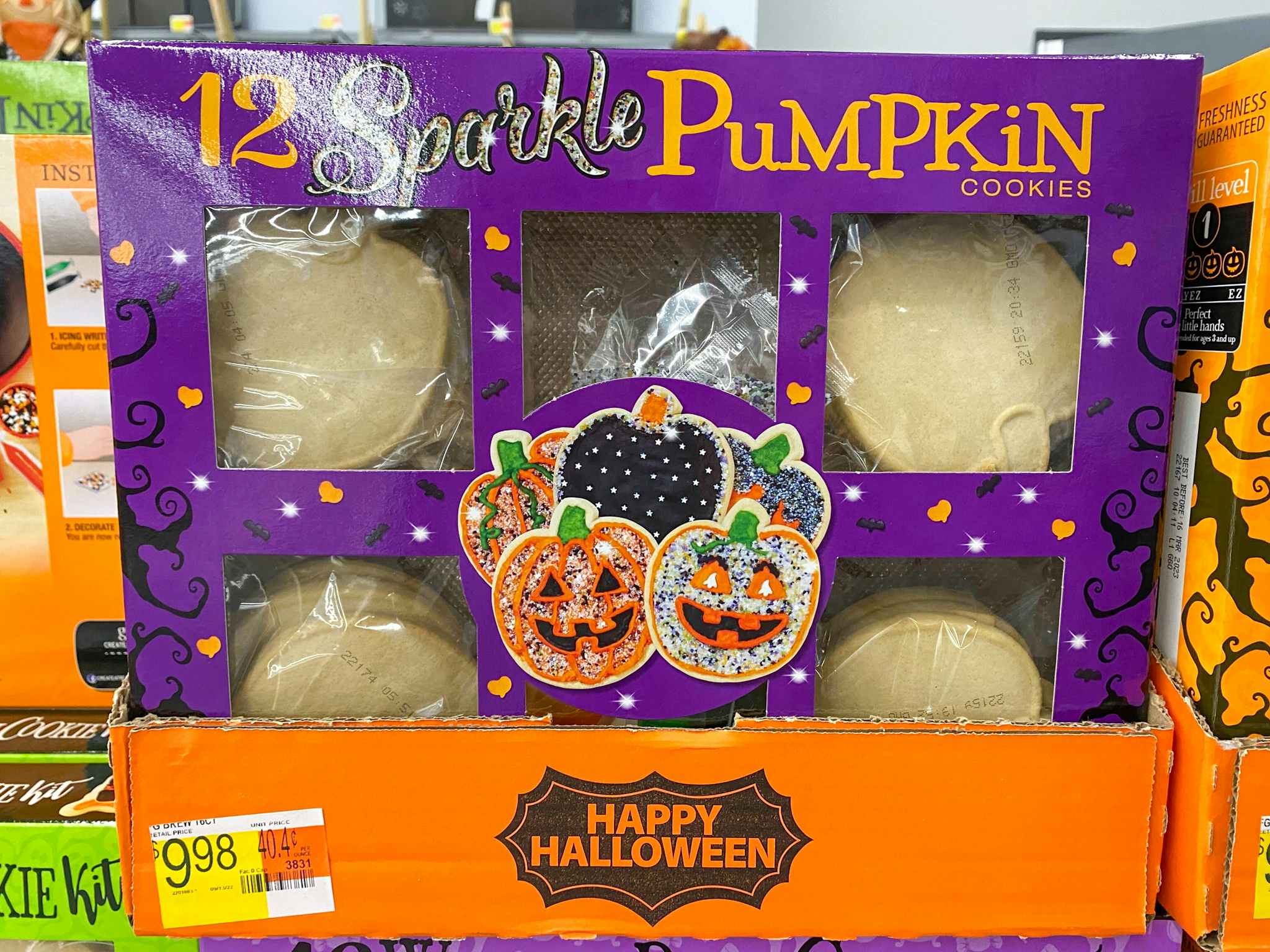 sparkle pumpkin halloween cookie kit on walmart shelf