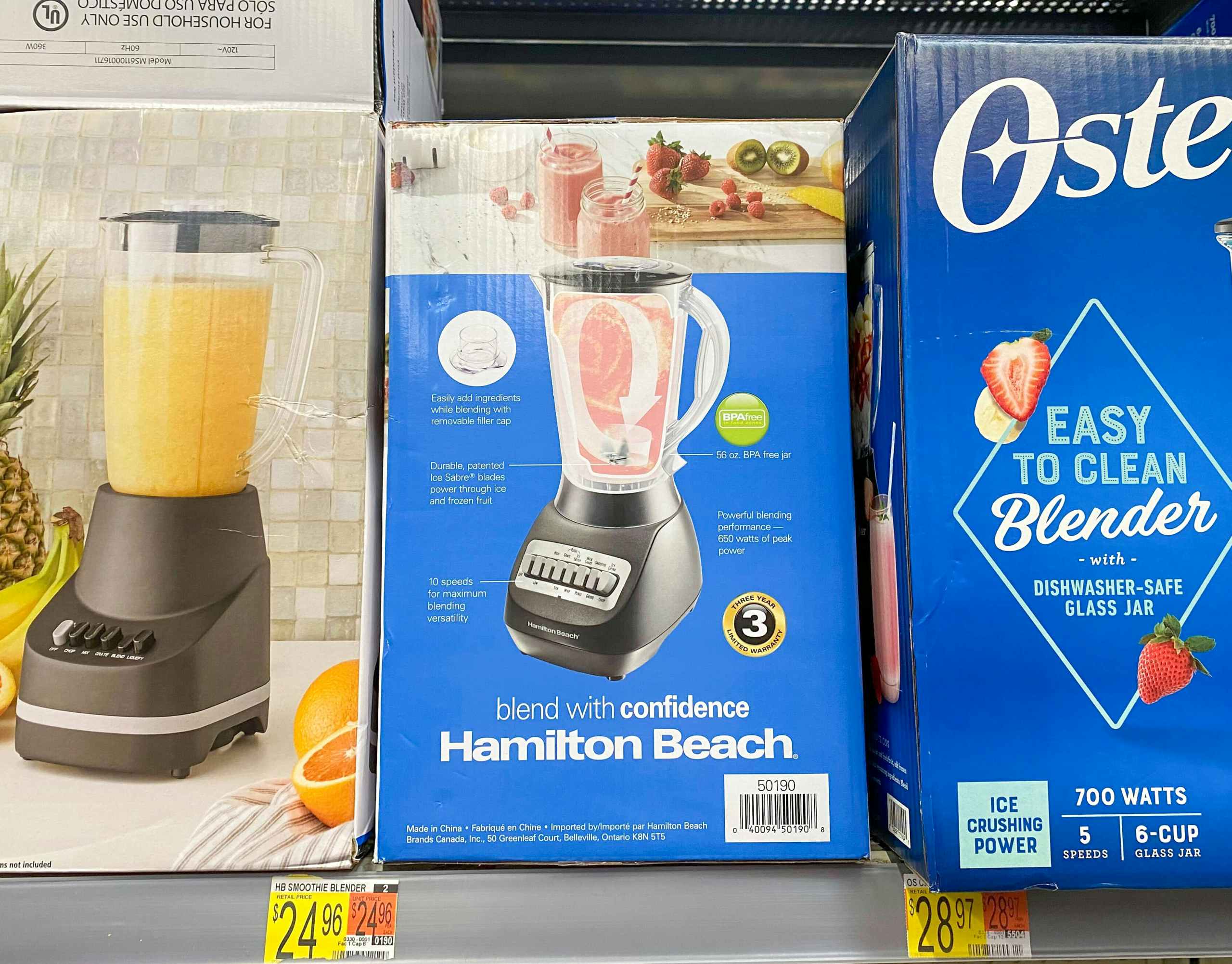 Hamilton Beach blender on shelf with the price tag showing at Walmart