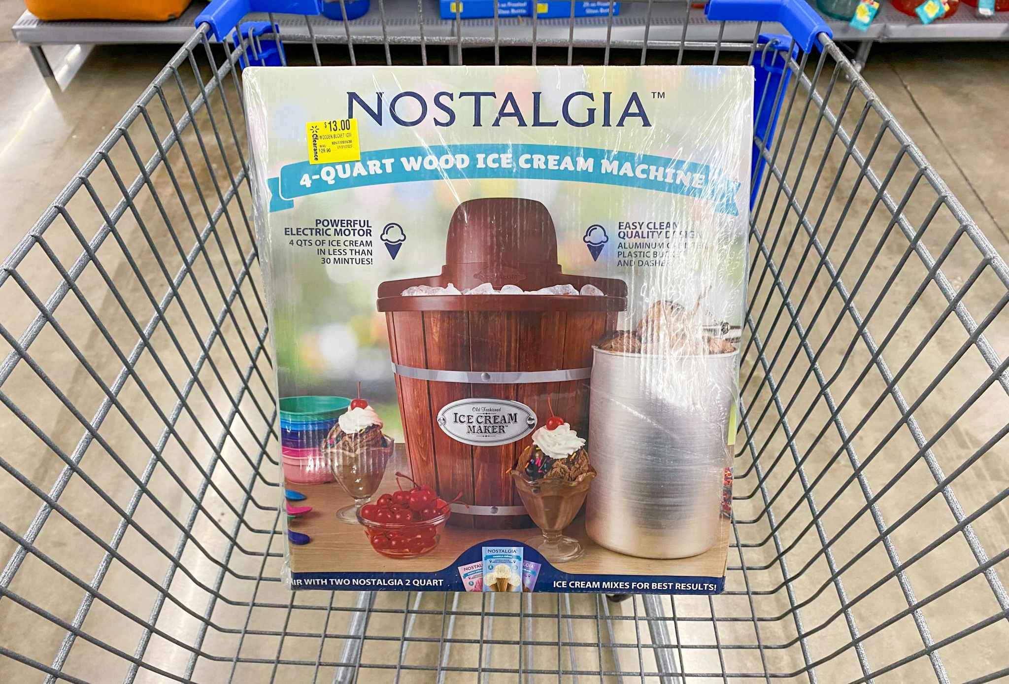 nostalgia 4 quart wood ice cream maker in walmart cart