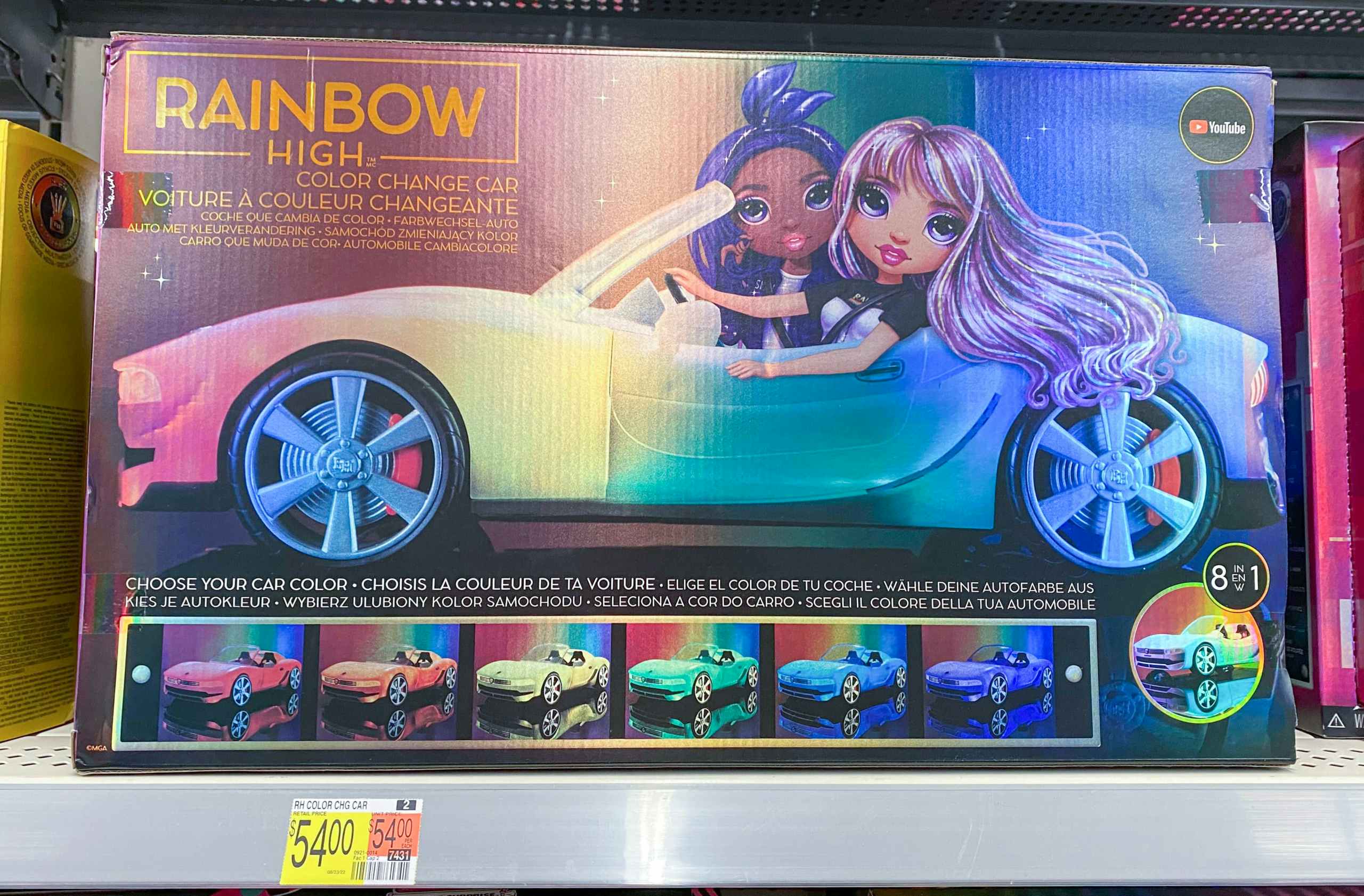 Rainbow High color changing car on the Walmart shelf with the price tag showing