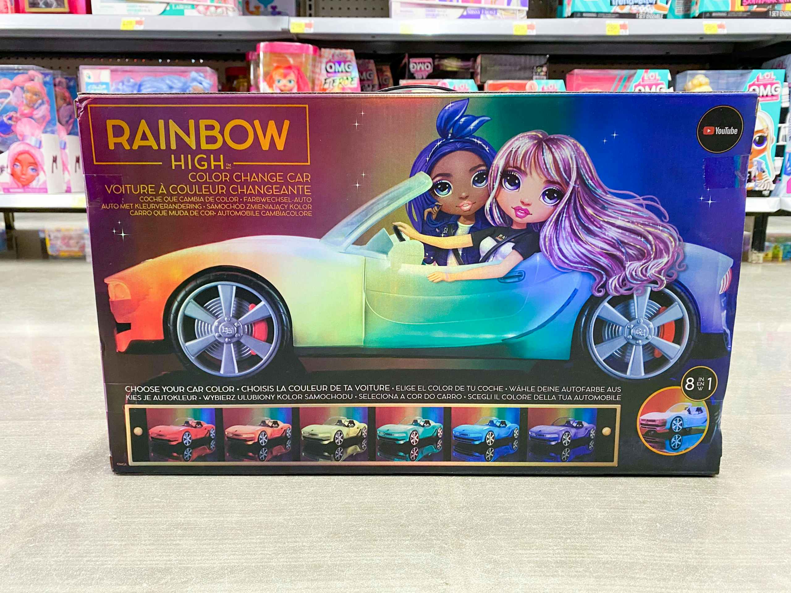 Rainbow High color changing car on the floor at Walmart