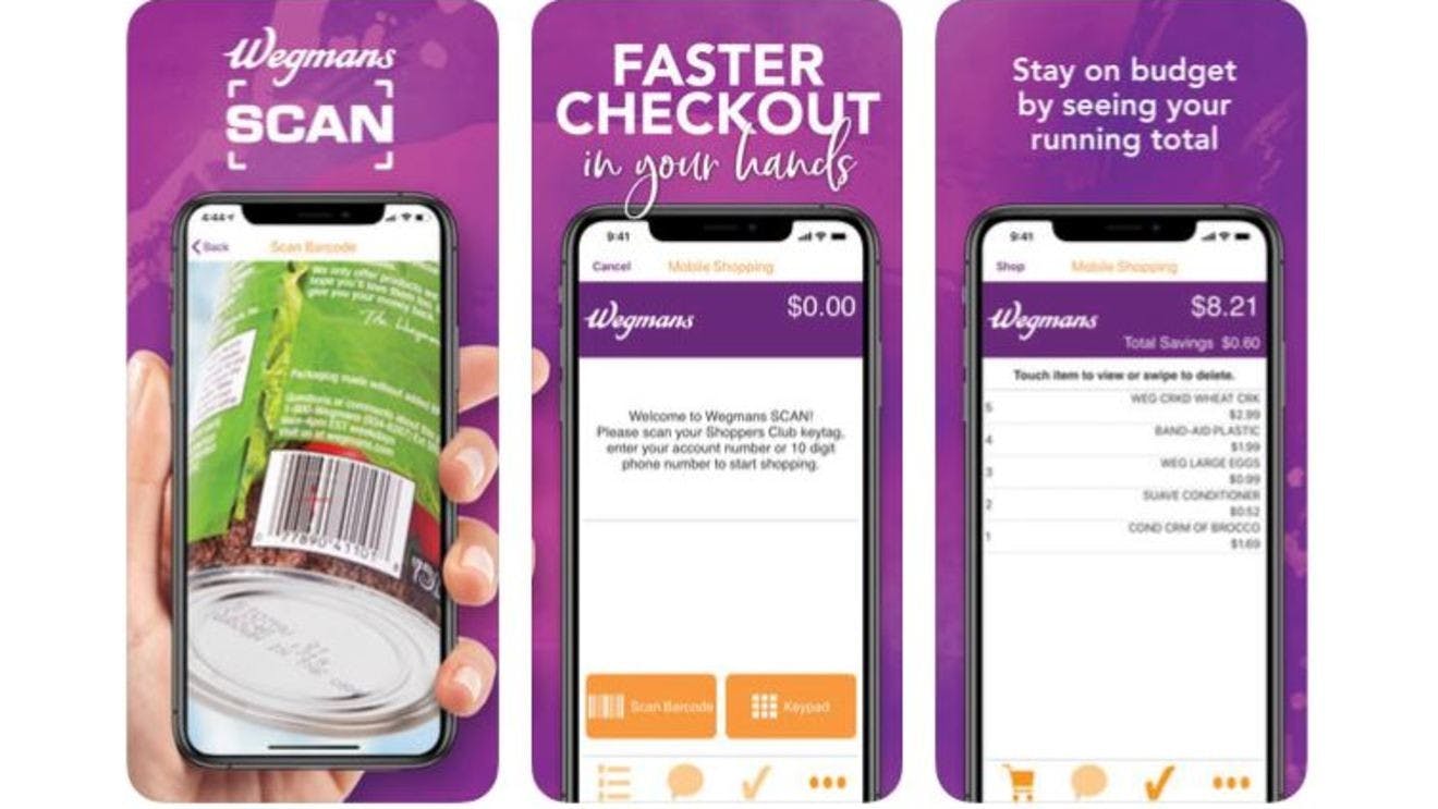 Promo images of the Wegmans Scan self checkout app from 2019