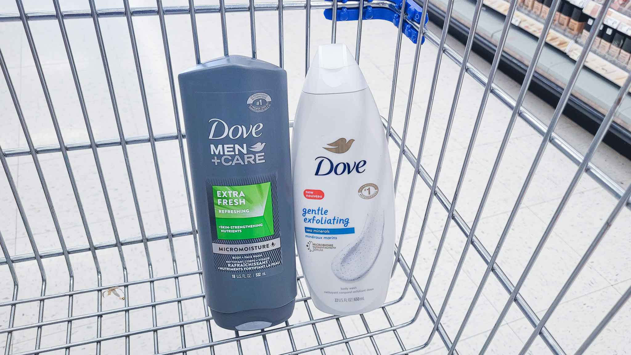 two bottles of dove body wash in shopping cart