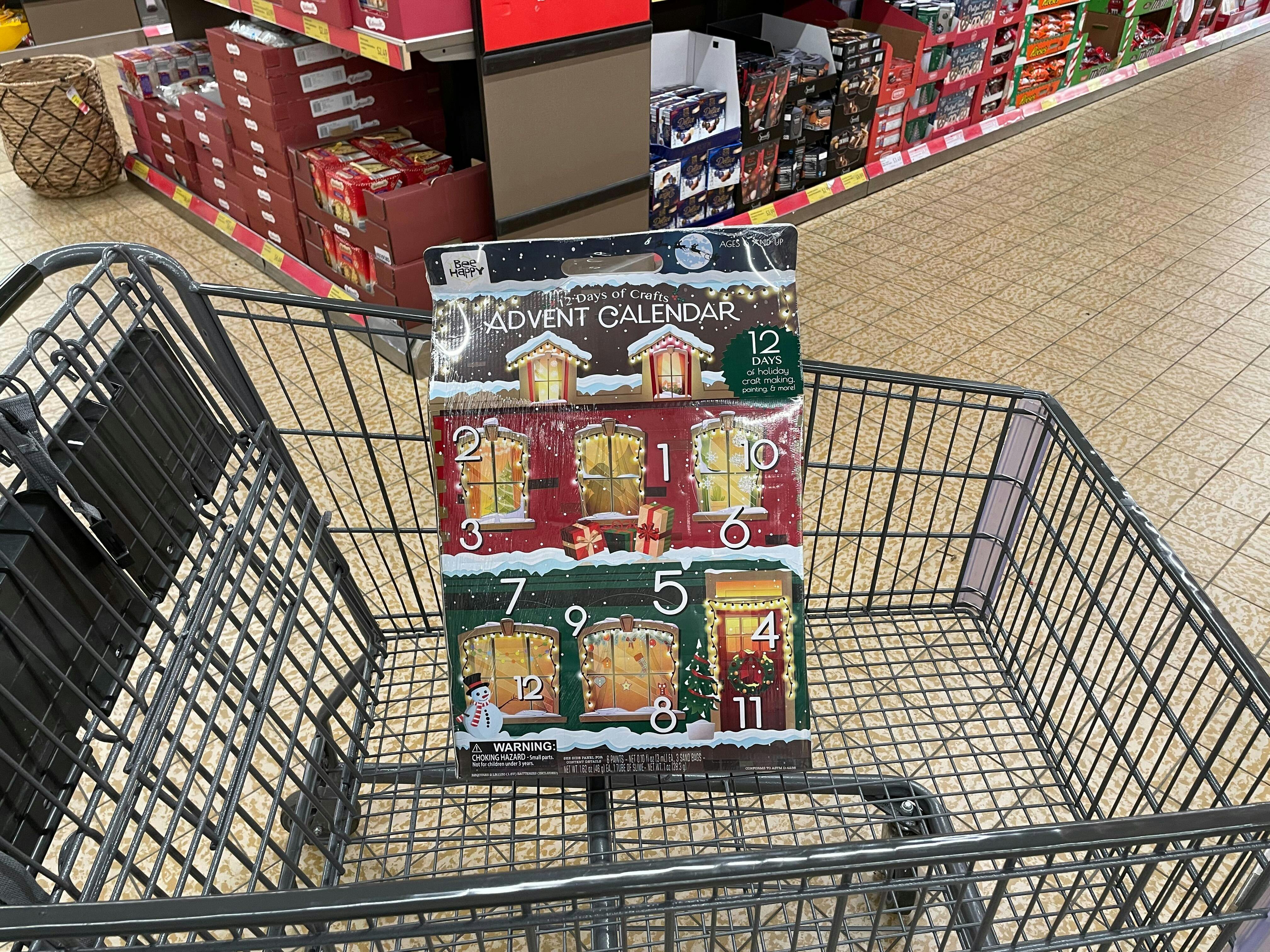 The Bee Happy craft advent calendar in an Aldi shopping cart.