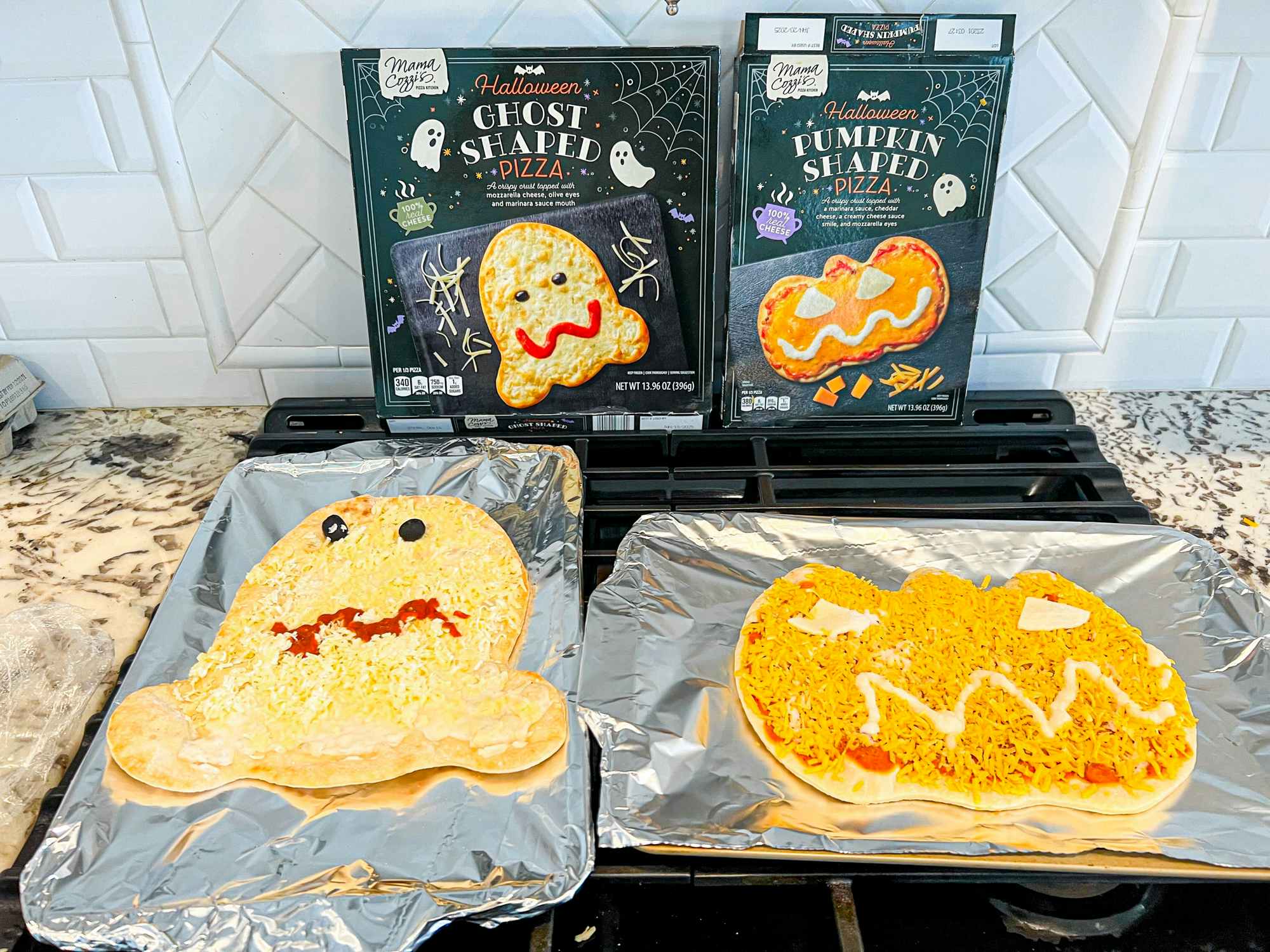 ghost and pumpkin shaped pizzas from Aldi