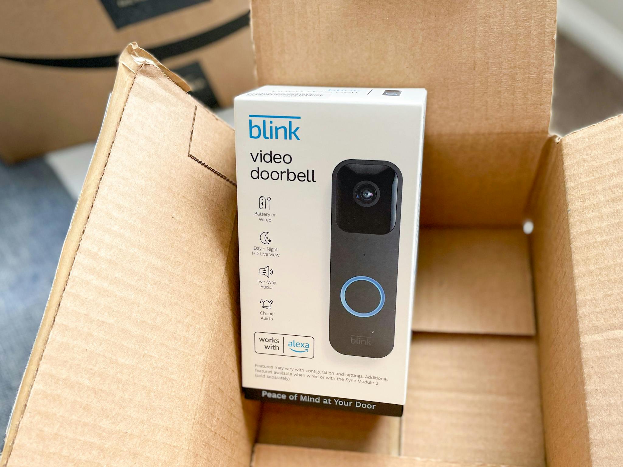 blink video doorbell in an amazon box