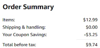 An Amazon order summary ending in $9.74.