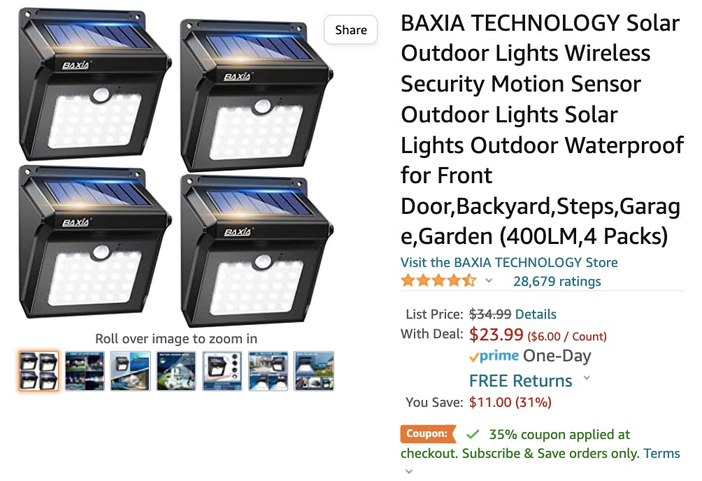 Solar Motion Sensor Security Lights 4-Pack, $14.39 With ...