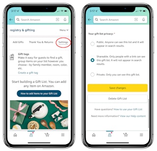 Two phones displaying how to change the Amazon Gift List privacy settingssettings