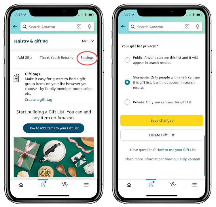 Two phones displaying how to change the Amazon Gift List privacy settingssettings 