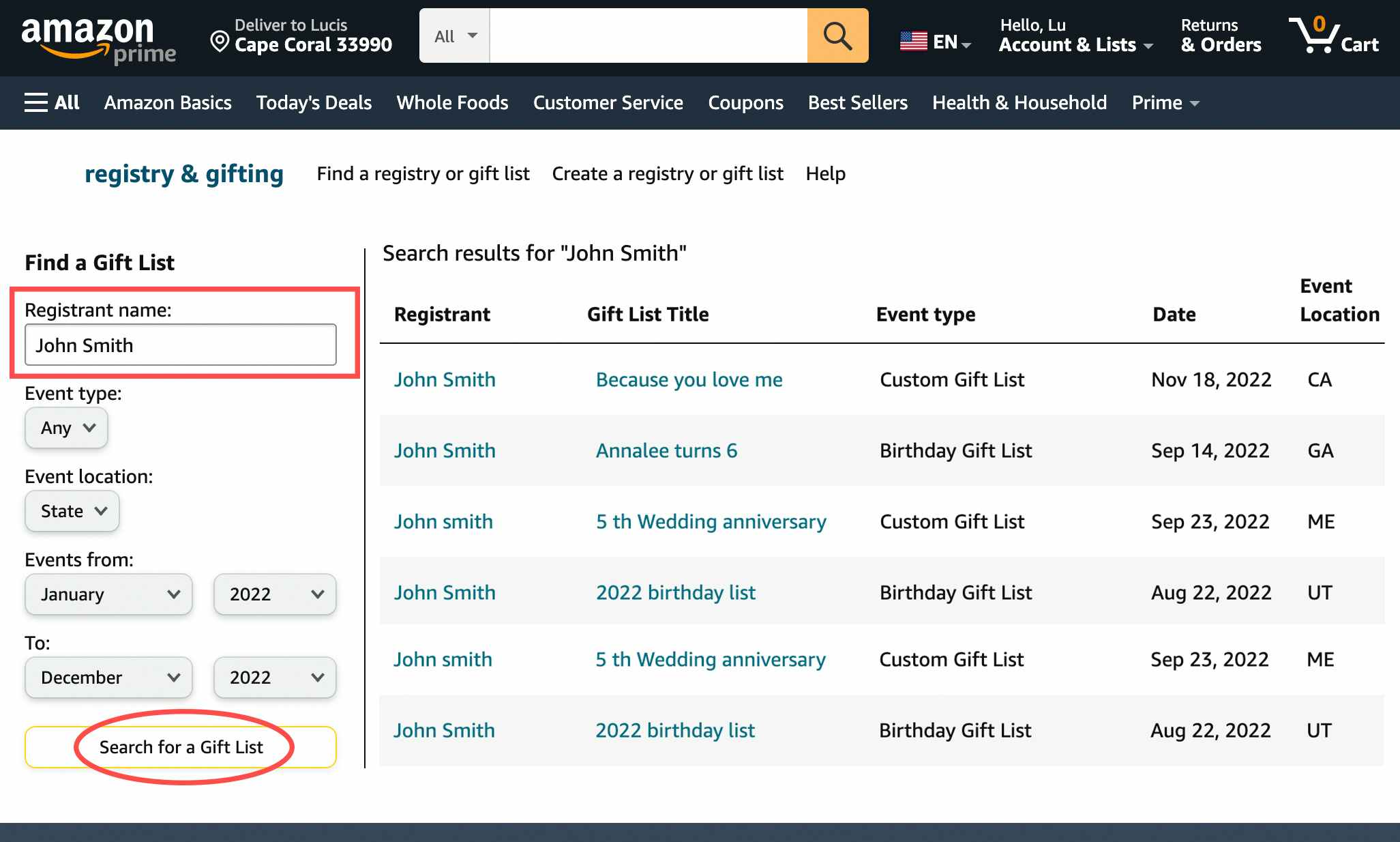 An Amazon wishlist search page with the Recipient Name box outlined and the search button circled