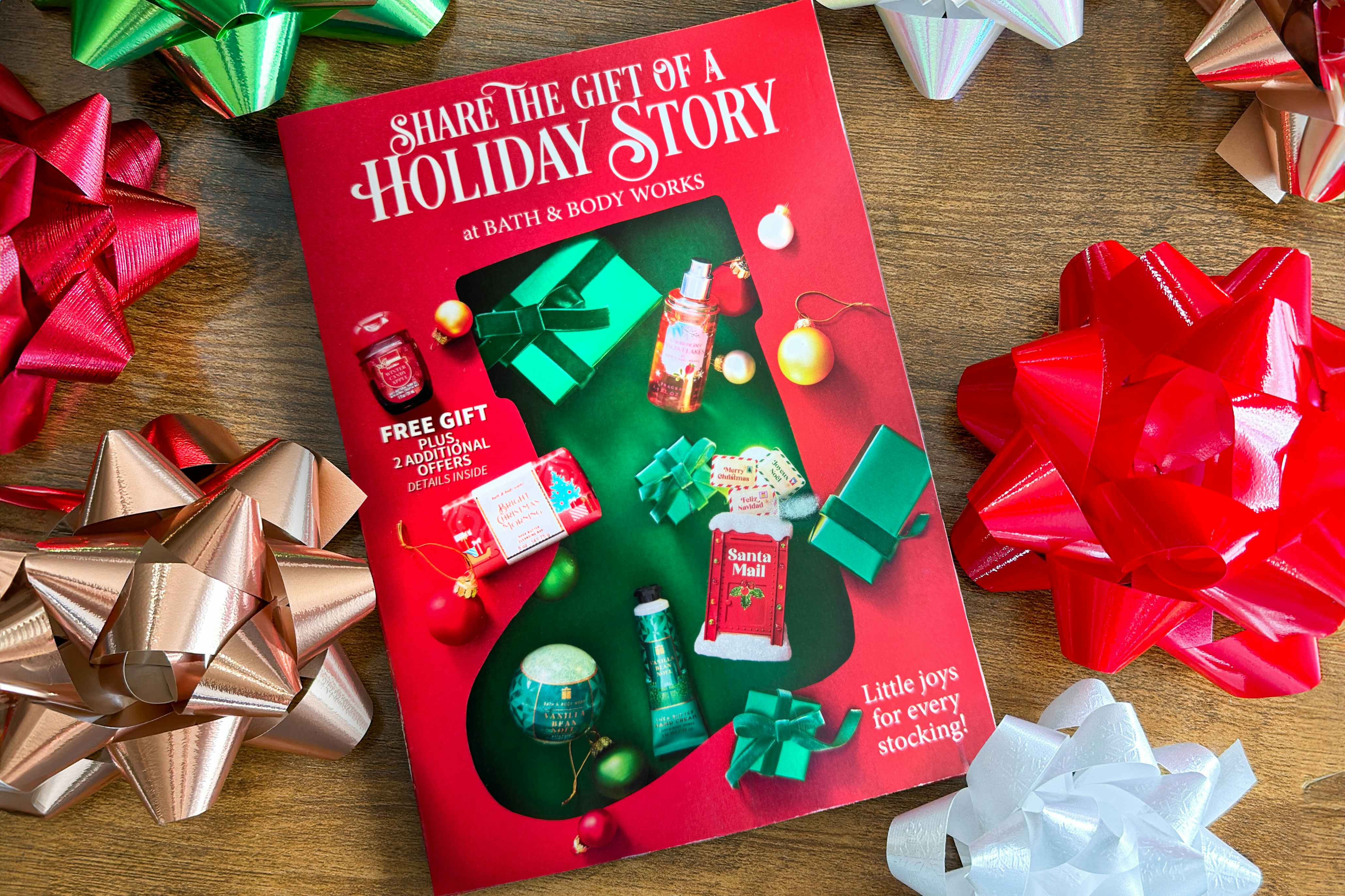 bath and body works holiday mailer on table
