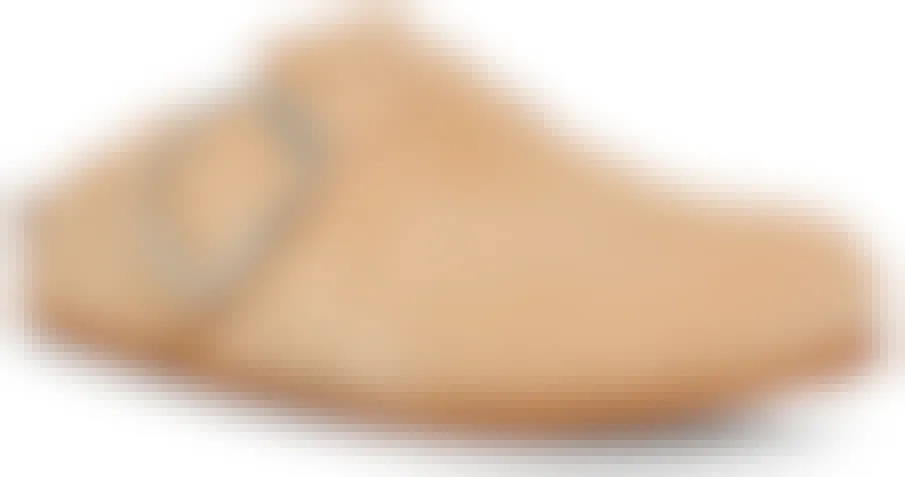 A Steve Madden Social Tan Suede clog on a white background