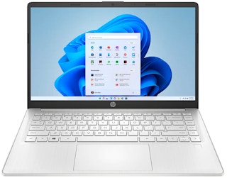 An HP 14 laptop on a white background.