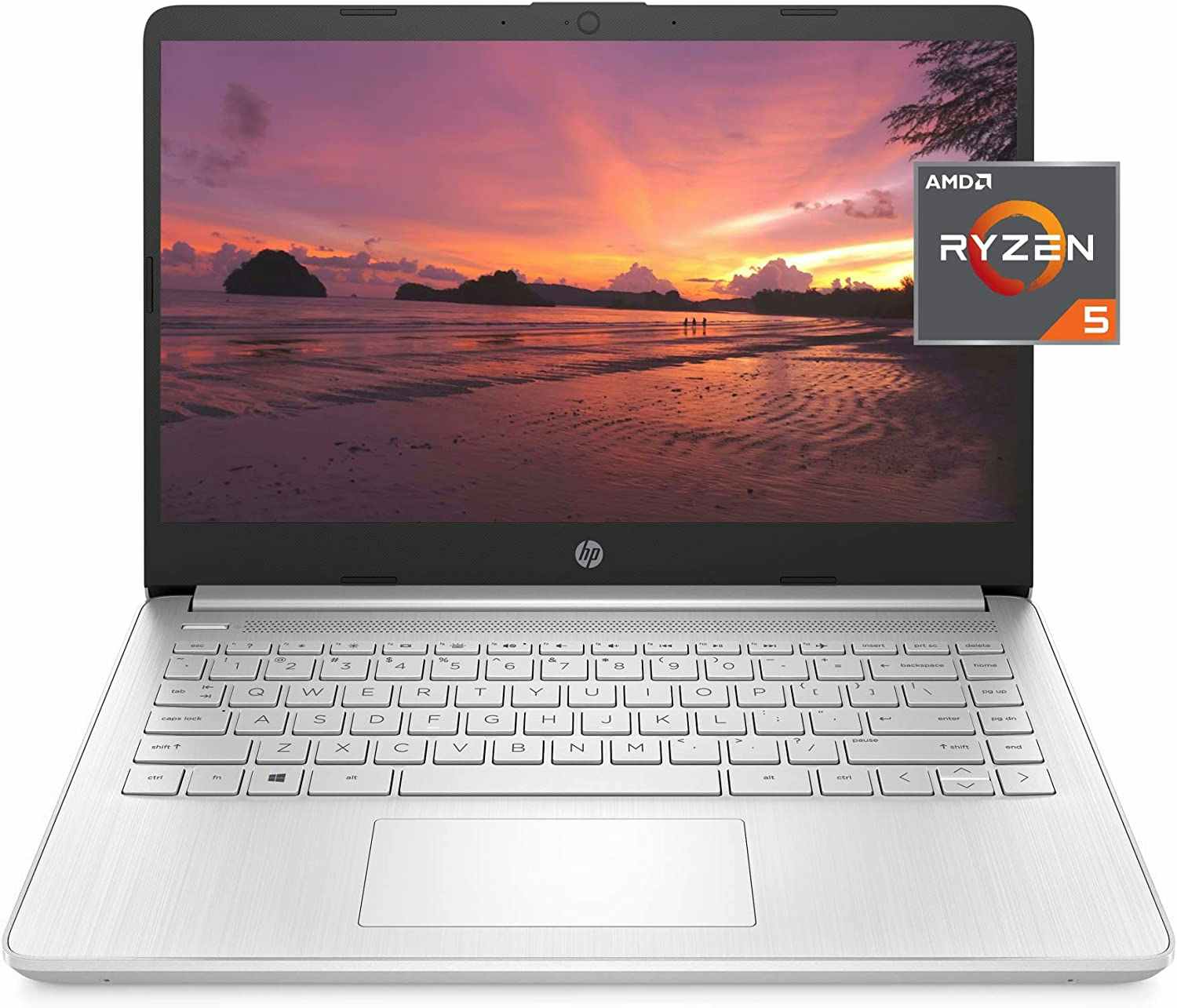 An HP 14-FQ1025NR laptop with a Ryzen processor on a white background.