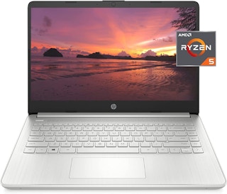 An HP 14-FQ1025NR laptop with a Ryzen processor on a white background.