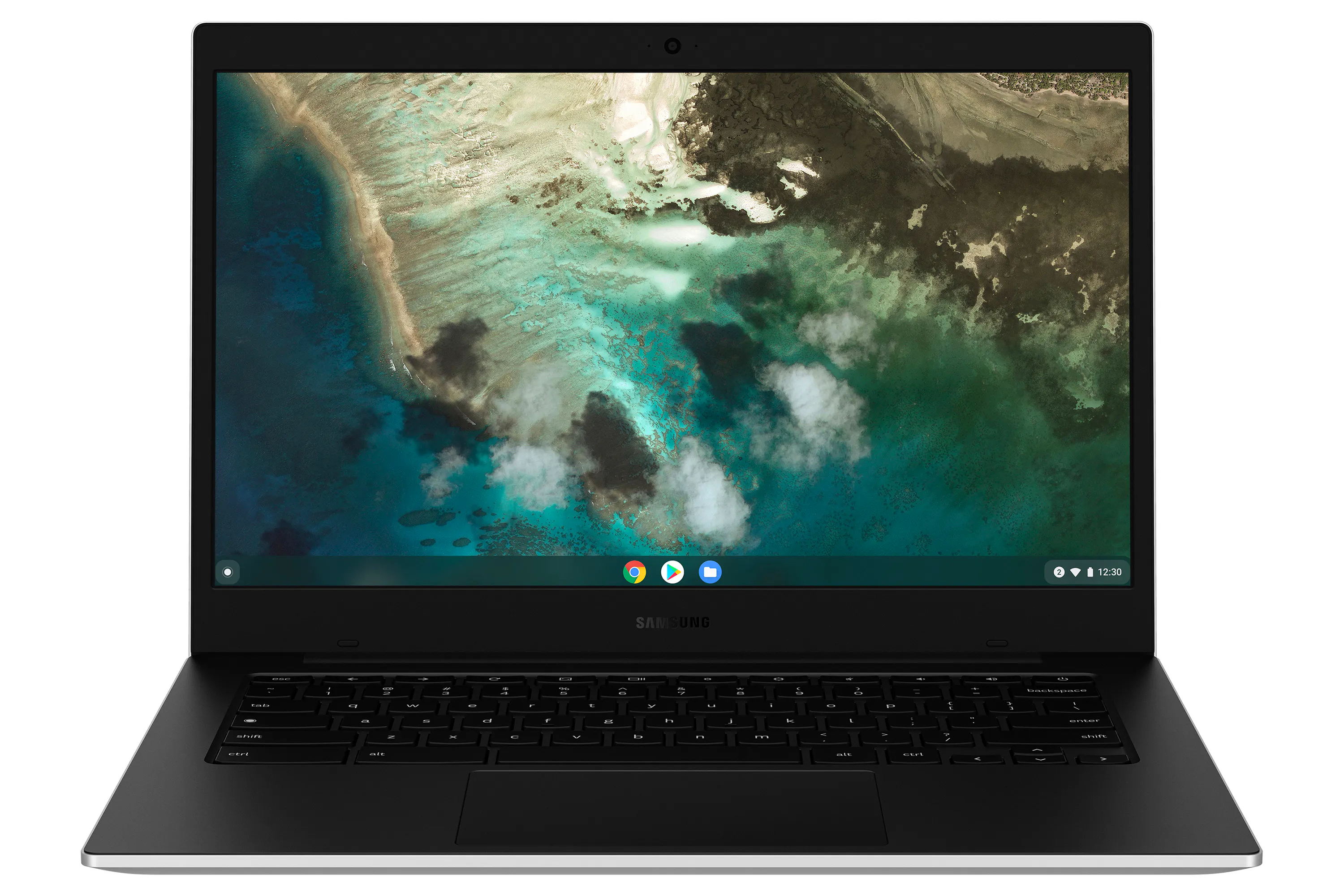 A Samsung Galaxy Chromebook Go laptop on a white background.