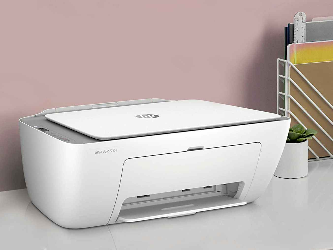 HP DeskJet 2755e Wireless Color All-in-One Printer on desk