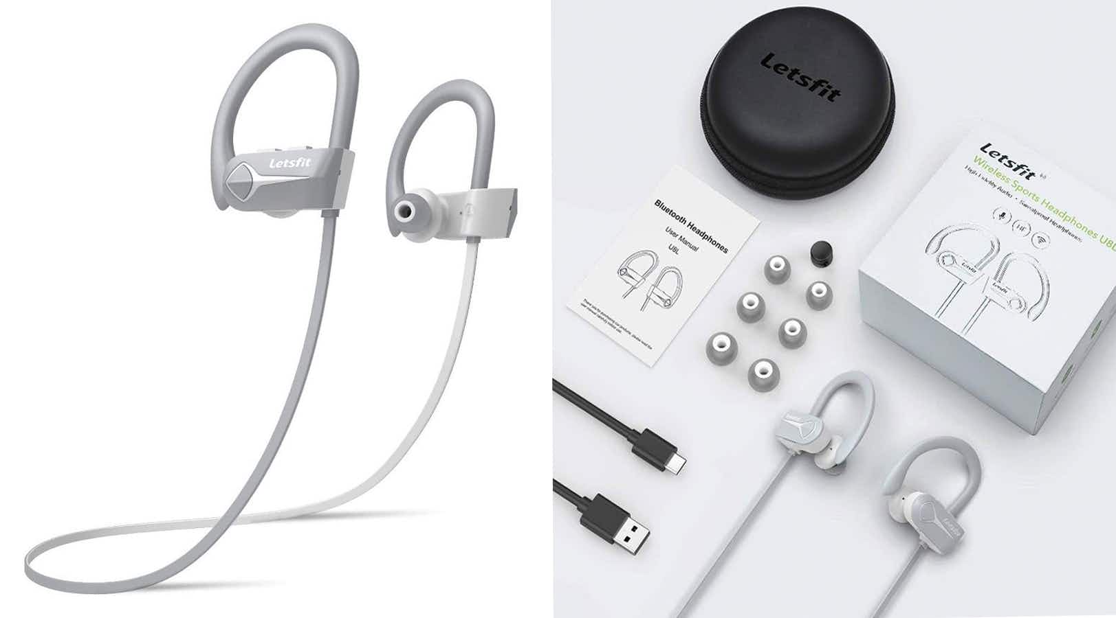 Letsfit Bluetooth Wireless Earbuds on a white background next to its box and contents laid out.