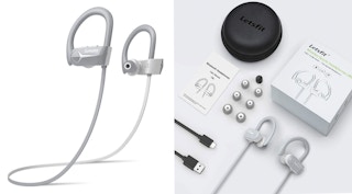 Letsfit Bluetooth Wireless Earbuds on a white background next to its box and contents laid out.