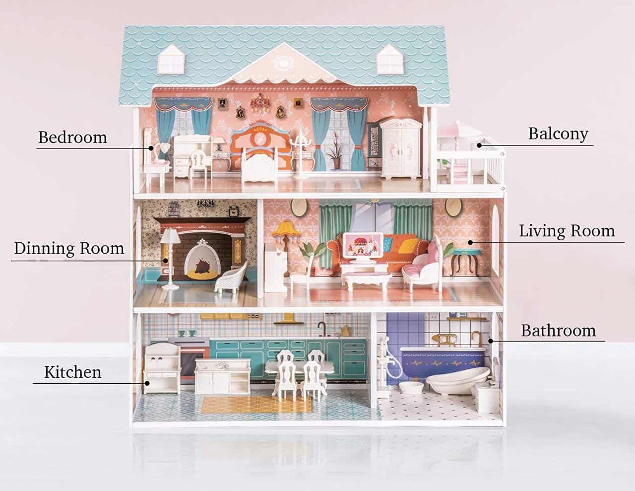 A Robotime Wooden Doll House with sections labeled