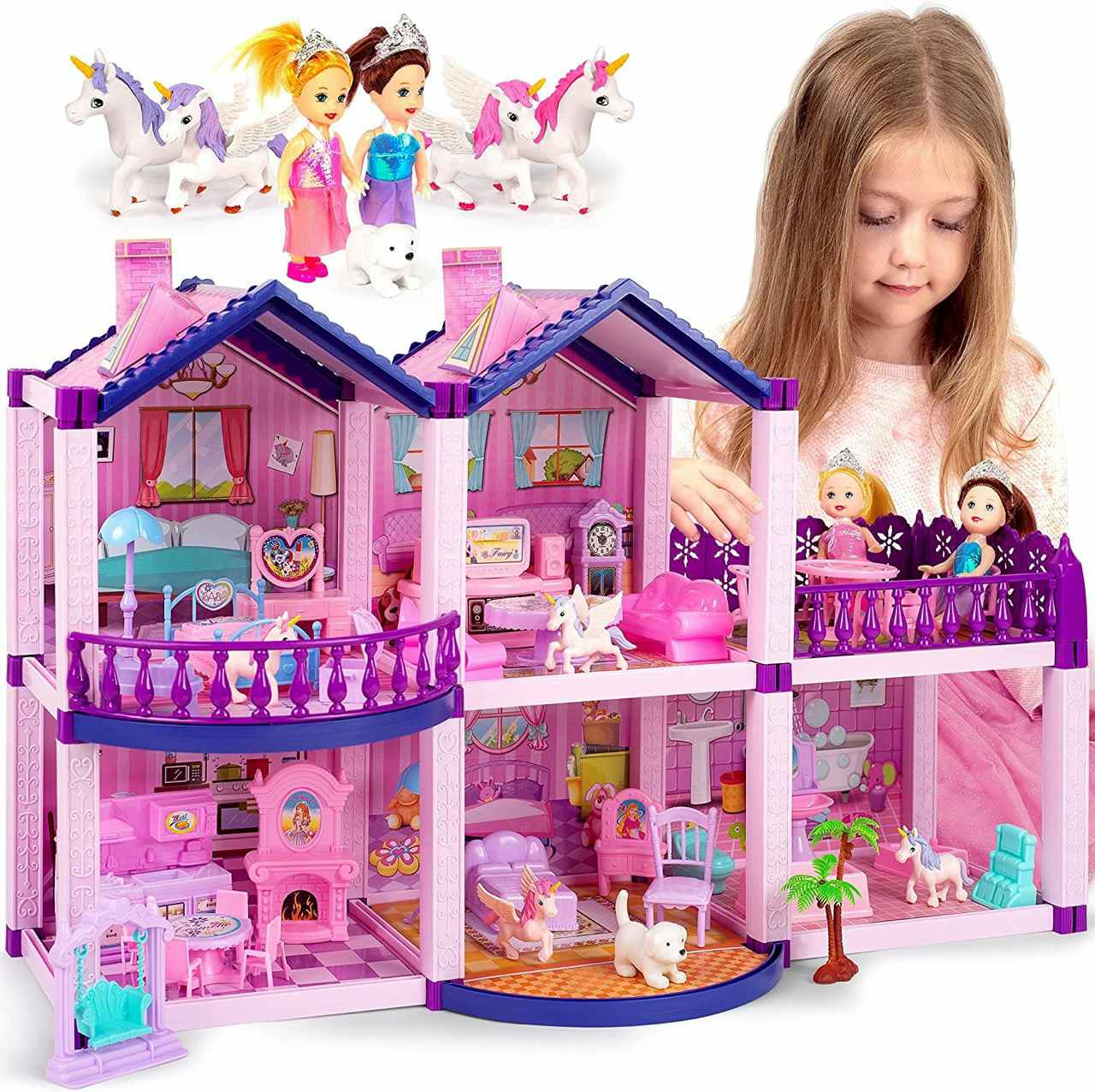A child playing with a Tomleon Dollhouse with Princesses