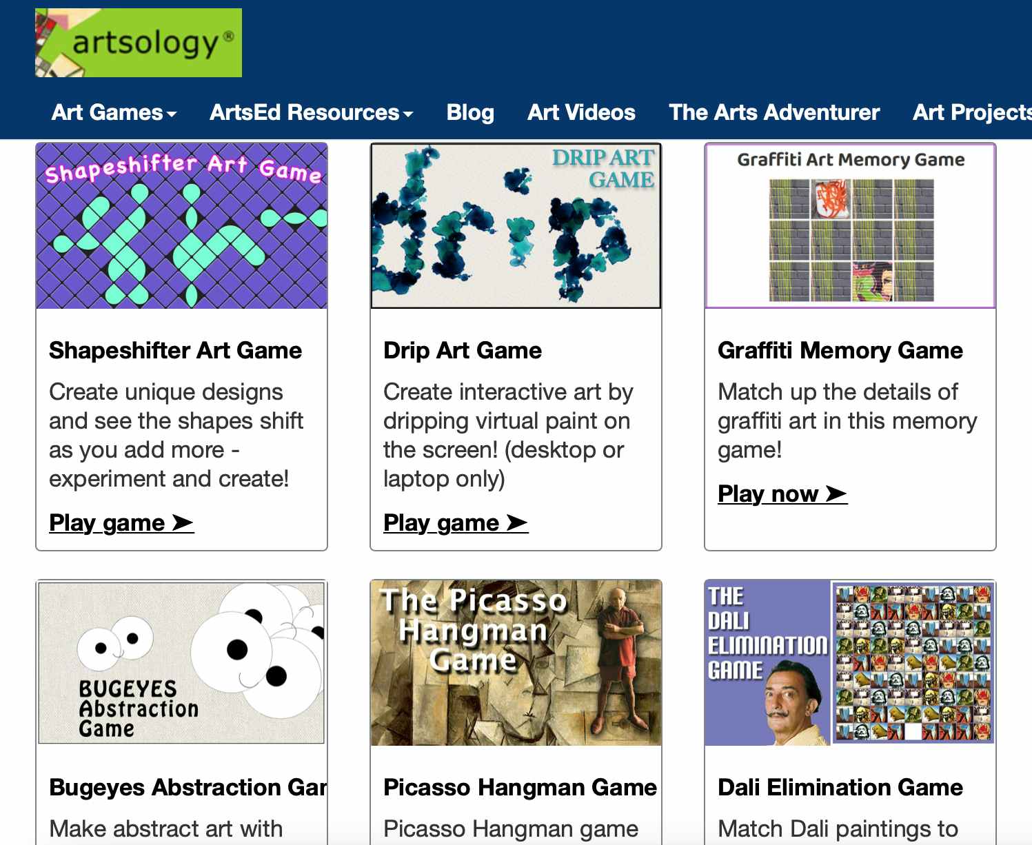 A screenshot of an Artsology webpage with art games for kids.