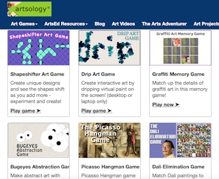 A screenshot of an Artsology webpage with art games for kids.