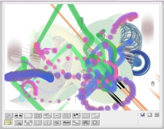 A screenshot of the Bomomo website with an abstract painting and paint tools at the bottom for kids art games.