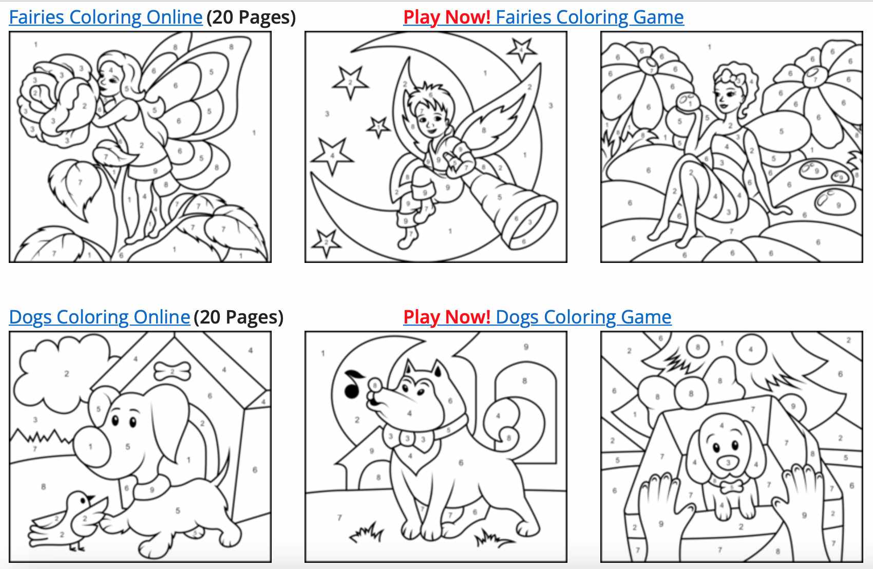 A screenshot of the Color It By Numbers webpage for kids art games.